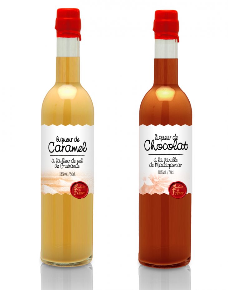 étiquettes de liqueurs au caramel et au chocolat