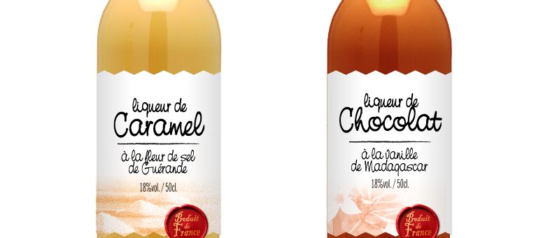 étiquettes de liqueurs au caramel et au chocolat