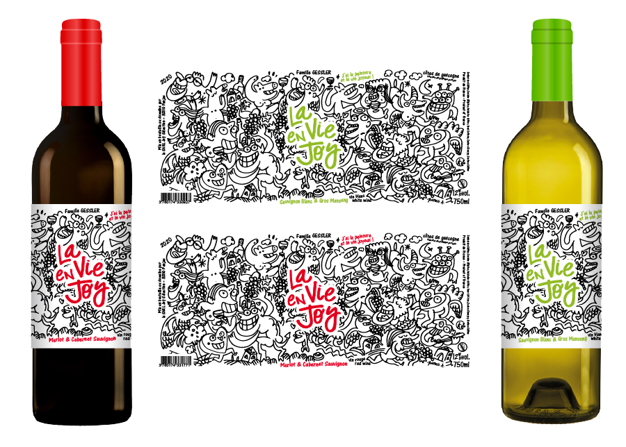 Étiquettes de vin "LA VIE EN JOY" réalisées pour le Domaine de Joÿ par Toto PISSACO