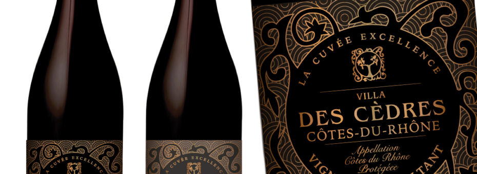 étiquette de vin VILLA DES CEDRES. Vin rouge en AOP des Côtes du Rhône